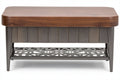 **Technische titel in het Nederlands: Moderne salontafel met houten blad en metalen onderstel**