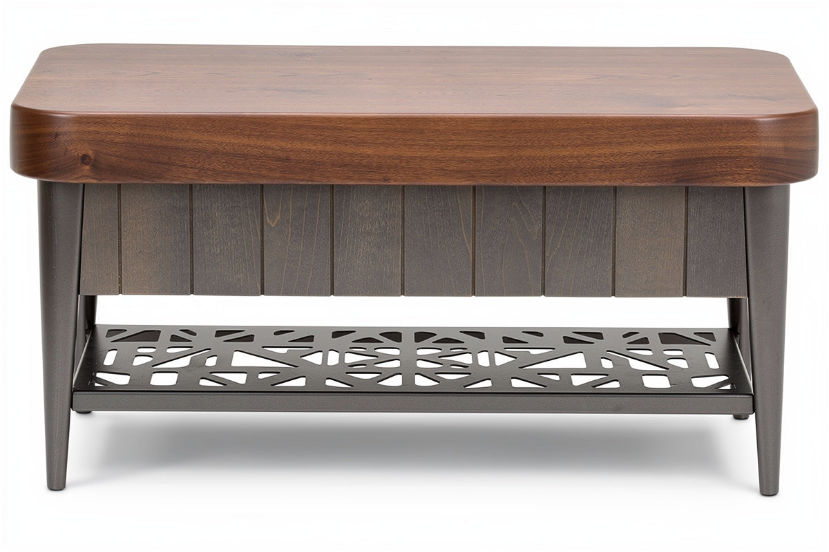 **Technische titel in het Nederlands: Moderne salontafel met houten blad en metalen onderstel**