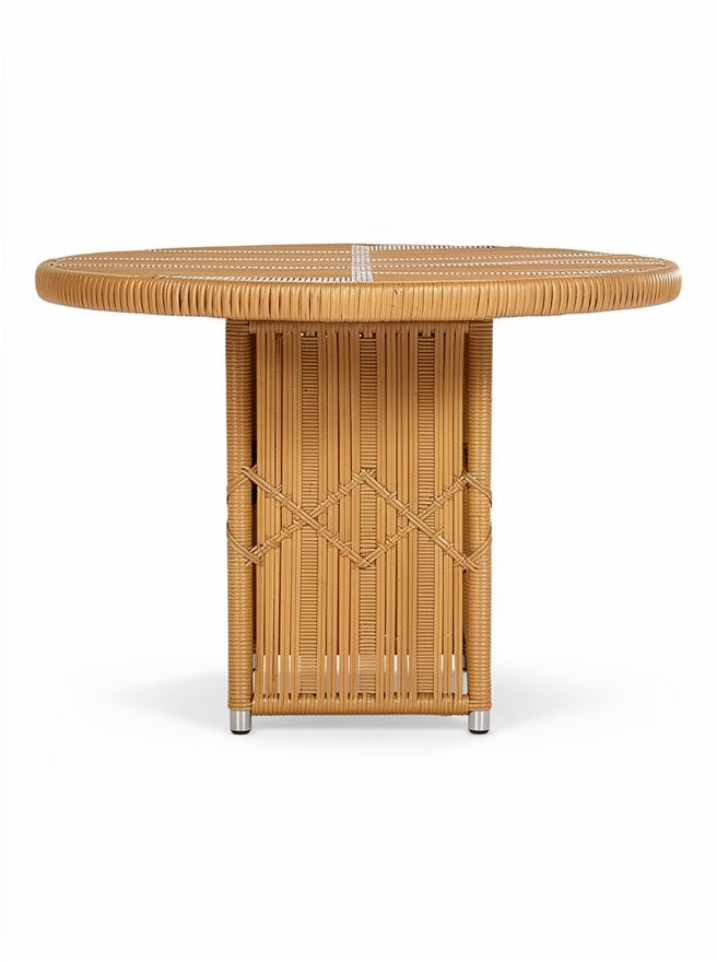 Technische titel in het Nederlands: **Ronde Rieten Tafel met Gevlochten Onderstel**